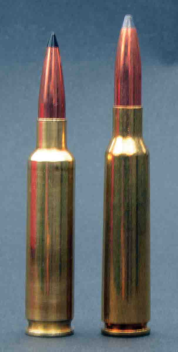 There is not enough difference in the capacities of the (left) 6.5x52mm American and the (right) 6.5x55mm Swedish to make a difference in potential velocity between the two cartridges when both are loaded with bullets weighing 125 grains or less. When both are loaded with heavier bullets, the 6.5x52mm is a bit slower because bullets have to be seated deeper when overall cartridge length is restricted by the magazine of a short action.